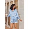 image:imageEkouaer Satin Pajama Set for Women Button Down Pj Set Long Sleeve Top and Shorts 2 Piece Loungewear Summer Soft SleepwearClear Blue