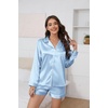 image:imageEkouaer Satin Pajama Set for Women Button Down Pj Set Long Sleeve Top and Shorts 2 Piece Loungewear Summer Soft SleepwearClear Blue