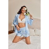 image:imageEkouaer Satin Pajama Set for Women Button Down Pj Set Long Sleeve Top and Shorts 2 Piece Loungewear Summer Soft SleepwearClear Blue