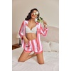 image:imageEkouaer Satin Pajama Set for Women Button Down Pj Set Long Sleeve Top and Shorts 2 Piece Loungewear Summer Soft SleepwearRed Stripes