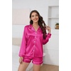 image:imageEkouaer Satin Pajama Set for Women Button Down Pj Set Long Sleeve Top and Shorts 2 Piece Loungewear Summer Soft SleepwearRose Red