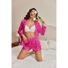 image:imageEkouaer Satin Pajama Set for Women Button Down Pj Set Long Sleeve Top and Shorts 2 Piece Loungewear Summer Soft SleepwearRose Red