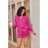 image:imageEkouaer Satin Pajama Set for Women Button Down Pj Set Long Sleeve Top and Shorts 2 Piece Loungewear Summer Soft SleepwearRose Red