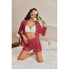 image:imageEkouaer Satin Pajama Set for Women Button Down Pj Set Long Sleeve Top and Shorts 2 Piece Loungewear Summer Soft SleepwearWine Red