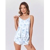image:imageEkouaer Silk Pajamas for Women Satin Cami Pjs Set V Neck Camisole Shorts Set Adjustable Strap SleepwearLight Blue Print