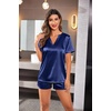image:imageEkouaer Silk Pajamas for Women Short Sleeve Satin Sleepwear Twopiece Pjs Set Soft V Neck LoungewearSXXLNavy Blue