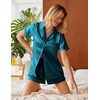 image:imageEkouaer Silk Satin Pajamas 2 Piece Pajamas for Women Set Button Down PJ Short Sleeve and Shorts Pjs Lounge SetsLake Blue