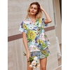 image:imageEkouaer Silk Satin Pajamas 2 Piece Pajamas for Women Set Button Down PJ Short Sleeve and Shorts Pjs Lounge SetsYellow Chrysanthemum