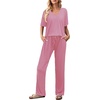 image:imageEkouaer Womens 2 Piece Lounge Set Casual Summer Outfits Ribbed Short Sleeve amp Wide Leg Pants Matching Set for Travel HomeHot Pink