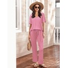 image:imageEkouaer Womens 2 Piece Lounge Set Casual Summer Outfits Ribbed Short Sleeve amp Wide Leg Pants Matching Set for Travel HomeHot Pink