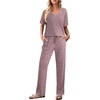 image:imageEkouaer Womens 2 Piece Lounge Set Casual Summer Outfits Ribbed Short Sleeve amp Wide Leg Pants Matching Set for Travel HomeLilac