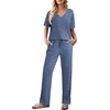 image:imageEkouaer Womens 2 Piece Lounge Set Casual Summer Outfits Ribbed Short Sleeve amp Wide Leg Pants Matching Set for Travel HomeRoyal Blue