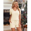 image:imageEkouaer Womens 2 Piece Lounge Sets Summer Two Piece Outfits Ribbed Knit V Neck Short Sleeve Tee and Pockets Shorts SetsBeige