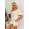 image:imageEkouaer Womens 2 Piece Lounge Sets Summer Two Piece Outfits Ribbed Knit V Neck Short Sleeve Tee and Pockets Shorts SetsBeige