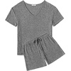 image:imageEkouaer Womens 2 Piece Lounge Sets Summer Two Piece Outfits Ribbed Knit V Neck Short Sleeve Tee and Pockets Shorts SetsGray