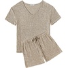 image:imageEkouaer Womens 2 Piece Lounge Sets Summer Two Piece Outfits Ribbed Knit V Neck Short Sleeve Tee and Pockets Shorts SetsKhaki