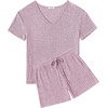 image:imageEkouaer Womens 2 Piece Lounge Sets Summer Two Piece Outfits Ribbed Knit V Neck Short Sleeve Tee and Pockets Shorts SetsLilac