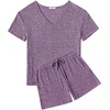image:imageEkouaer Womens 2 Piece Lounge Sets Summer Two Piece Outfits Ribbed Knit V Neck Short Sleeve Tee and Pockets Shorts SetsPurple