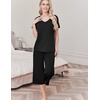 image:imageEkouaer Womens Pajama Sets Soft Cotton Pj Short Sleeve Top with Capri Pants Sleepwear 2 Piece Print LoungewearSXXLBlack