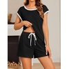 image:imageEkouaer Womens Pajamas Set 2 Piece Short Sleeves PJs O Neck Tops and Drawstring Waist Shorts Soft Lounge SetBlack