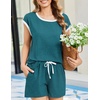 image:imageEkouaer Womens Pajamas Set 2 Piece Short Sleeves PJs O Neck Tops and Drawstring Waist Shorts Soft Lounge SetBlue Green