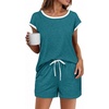 image:imageEkouaer Womens Pajamas Set 2 Piece Short Sleeves PJs O Neck Tops and Drawstring Waist Shorts Soft Lounge SetBlue Green