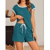 image:imageEkouaer Womens Pajamas Set 2 Piece Short Sleeves PJs O Neck Tops and Drawstring Waist Shorts Soft Lounge SetBlue Green