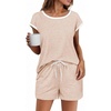 image:imageEkouaer Womens Pajamas Set 2 Piece Short Sleeves PJs O Neck Tops and Drawstring Waist Shorts Soft Lounge SetChampagne