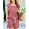 image:imageEkouaer Womens Pajamas Set 2 Piece Short Sleeves PJs O Neck Tops and Drawstring Waist Shorts Soft Lounge SetGray Purple Red