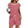 image:imageEkouaer Womens Pajamas Set 2 Piece Short Sleeves PJs O Neck Tops and Drawstring Waist Shorts Soft Lounge SetGray Purple Red