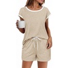 image:imageEkouaer Womens Pajamas Set 2 Piece Short Sleeves PJs O Neck Tops and Drawstring Waist Shorts Soft Lounge SetKhaki