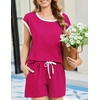 image:imageEkouaer Womens Pajamas Set 2 Piece Short Sleeves PJs O Neck Tops and Drawstring Waist Shorts Soft Lounge SetRose Red