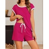 image:imageEkouaer Womens Pajamas Set 2 Piece Short Sleeves PJs O Neck Tops and Drawstring Waist Shorts Soft Lounge SetRose Red