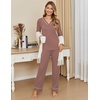 image:imageEkouaer Womens Pajamas Sets 2 piece PJs V Neck Long Sleeve Sleepwear Comfy Pants Loungewear with PocketBrown