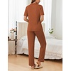 image:imageEkouaer Womens Rib Knit Pajamas Button Up Lounge Sets Short Sleeve Top and Long Pants Matching Pjs Sleepwear LoungewearChocolate