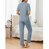 image:imageEkouaer Womens Rib Knit Pajamas Button Up Lounge Sets Short Sleeve Top and Long Pants Matching Pjs Sleepwear LoungewearClear Blue