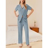 image:imageEkouaer Womens Rib Knit Pajamas Button Up Lounge Sets Short Sleeve Top and Long Pants Matching Pjs Sleepwear LoungewearClear Blue