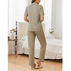 image:imageEkouaer Womens Rib Knit Pajamas Button Up Lounge Sets Short Sleeve Top and Long Pants Matching Pjs Sleepwear LoungewearKhaki