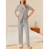 image:imageEkouaer Womens Rib Knit Pajamas Button Up Lounge Sets Short Sleeve Top and Long Pants Matching Pjs Sleepwear LoungewearLight Grey