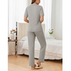 image:imageEkouaer Womens Rib Knit Pajamas Button Up Lounge Sets Short Sleeve Top and Long Pants Matching Pjs Sleepwear LoungewearLight Grey