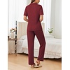 image:imageEkouaer Womens Rib Knit Pajamas Button Up Lounge Sets Short Sleeve Top and Long Pants Matching Pjs Sleepwear LoungewearWine Red