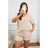 image:imageEkouaer Womens Ribbed Knit Lounge Set Short Sleeve Top and Shorts Sleepwear Pajama Set Two Piece Shorts Outfits SetBeige