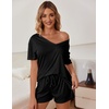 image:imageEkouaer Womens Ribbed Knit Lounge Set Short Sleeve Top and Shorts Sleepwear Pajama Set Two Piece Shorts Outfits SetBlack
