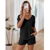 image:imageEkouaer Womens Ribbed Knit Lounge Set Short Sleeve Top and Shorts Sleepwear Pajama Set Two Piece Shorts Outfits SetBlack