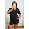 image:imageEkouaer Womens Ribbed Knit Lounge Set Short Sleeve Top and Shorts Sleepwear Pajama Set Two Piece Shorts Outfits SetBlack