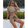 image:imageEkouaer Womens Ribbed Knit Lounge Set Short Sleeve Top and Shorts Sleepwear Pajama Set Two Piece Shorts Outfits SetBrown