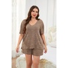image:imageEkouaer Womens Ribbed Knit Lounge Set Short Sleeve Top and Shorts Sleepwear Pajama Set Two Piece Shorts Outfits SetBrown