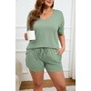 image:imageEkouaer Womens Ribbed Knit Lounge Set Short Sleeve Top and Shorts Sleepwear Pajama Set Two Piece Shorts Outfits SetGreen