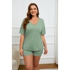 image:imageEkouaer Womens Ribbed Knit Lounge Set Short Sleeve Top and Shorts Sleepwear Pajama Set Two Piece Shorts Outfits SetGreen
