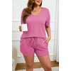 image:imageEkouaer Womens Ribbed Knit Lounge Set Short Sleeve Top and Shorts Sleepwear Pajama Set Two Piece Shorts Outfits SetHot Pink